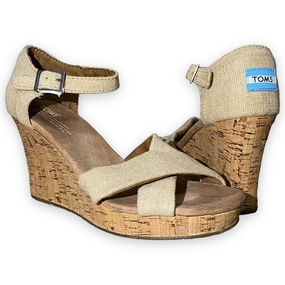 TOM'S Sienna Cork Wedge Sandal Beige 9.5W - Picture 2 of 13